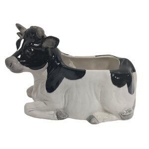Vintage Otagirl Japan Black White Ceramic Cow Planter Hand Made Farmhouse Decor